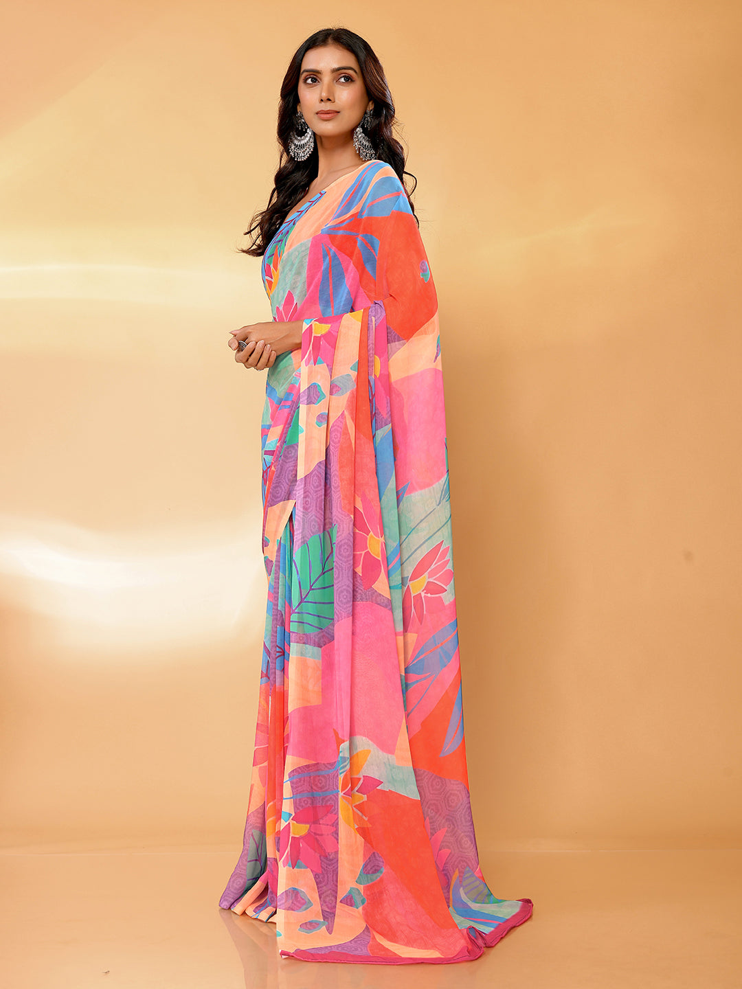 Janasya Multicolor Georgette Tropical Printed Saree | Grocsy