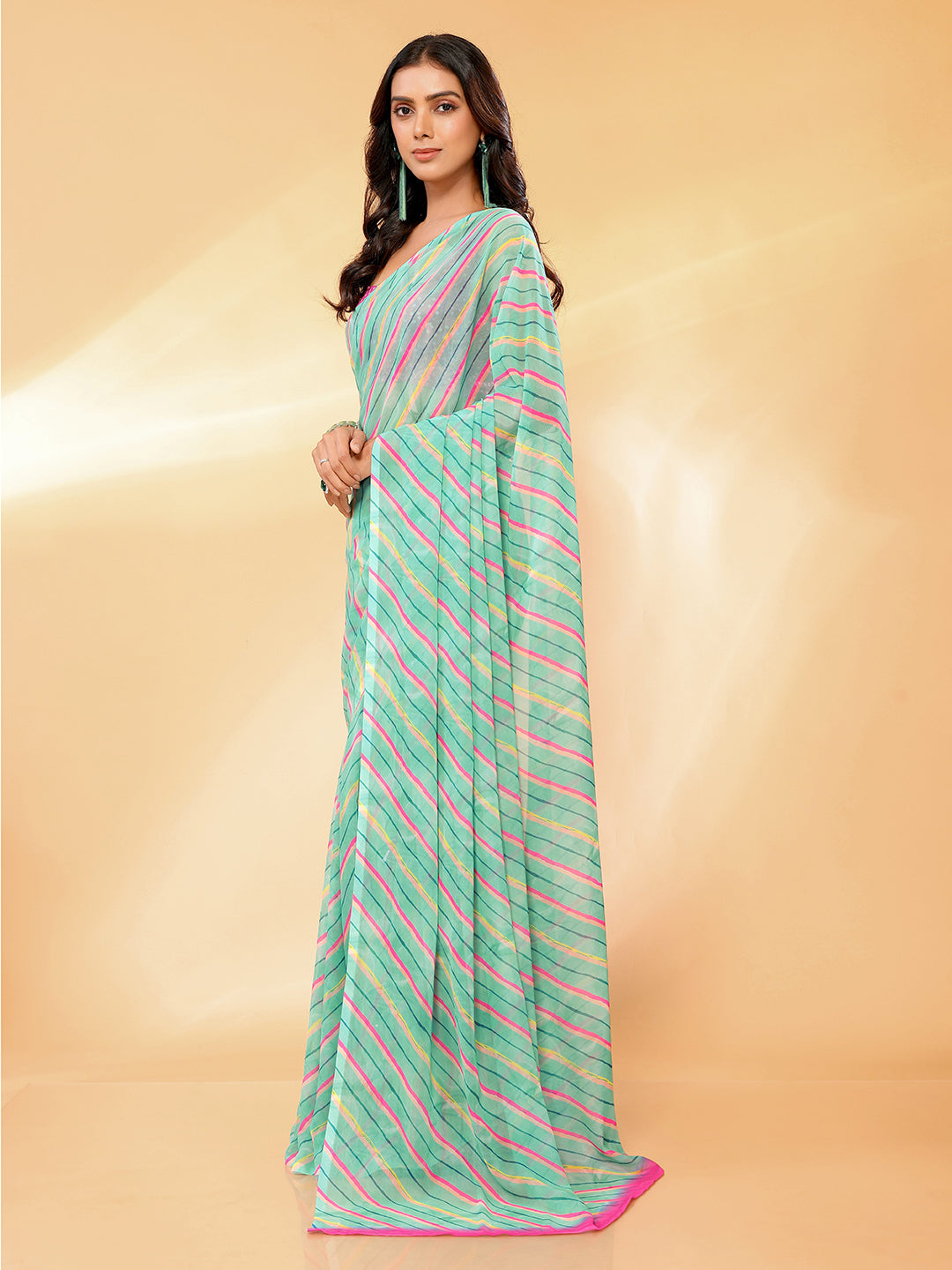 Janasya Sage Green Georgette Leheriya Printed Saree | Grocsy