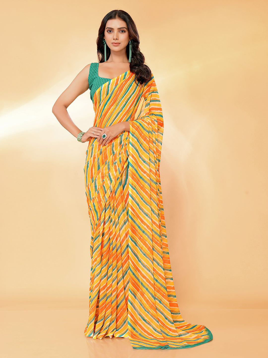 Janasya Orange Georgette Leheriya Printed Saree | Grocsy