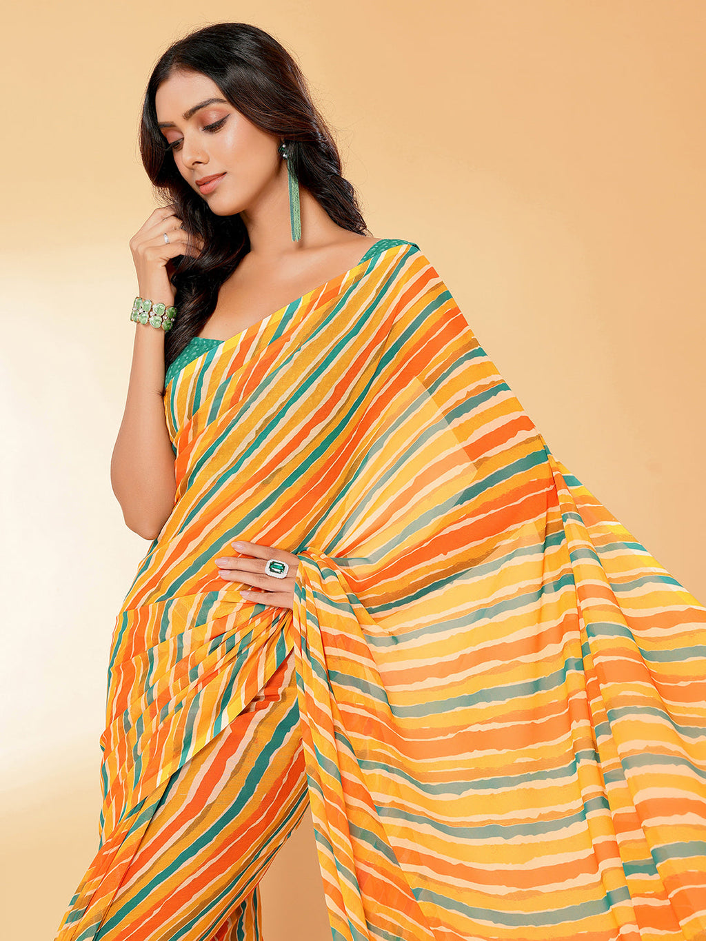Janasya Orange Georgette Leheriya Printed Saree | Grocsy