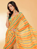 Janasya Orange Georgette Leheriya Printed Saree | Grocsy