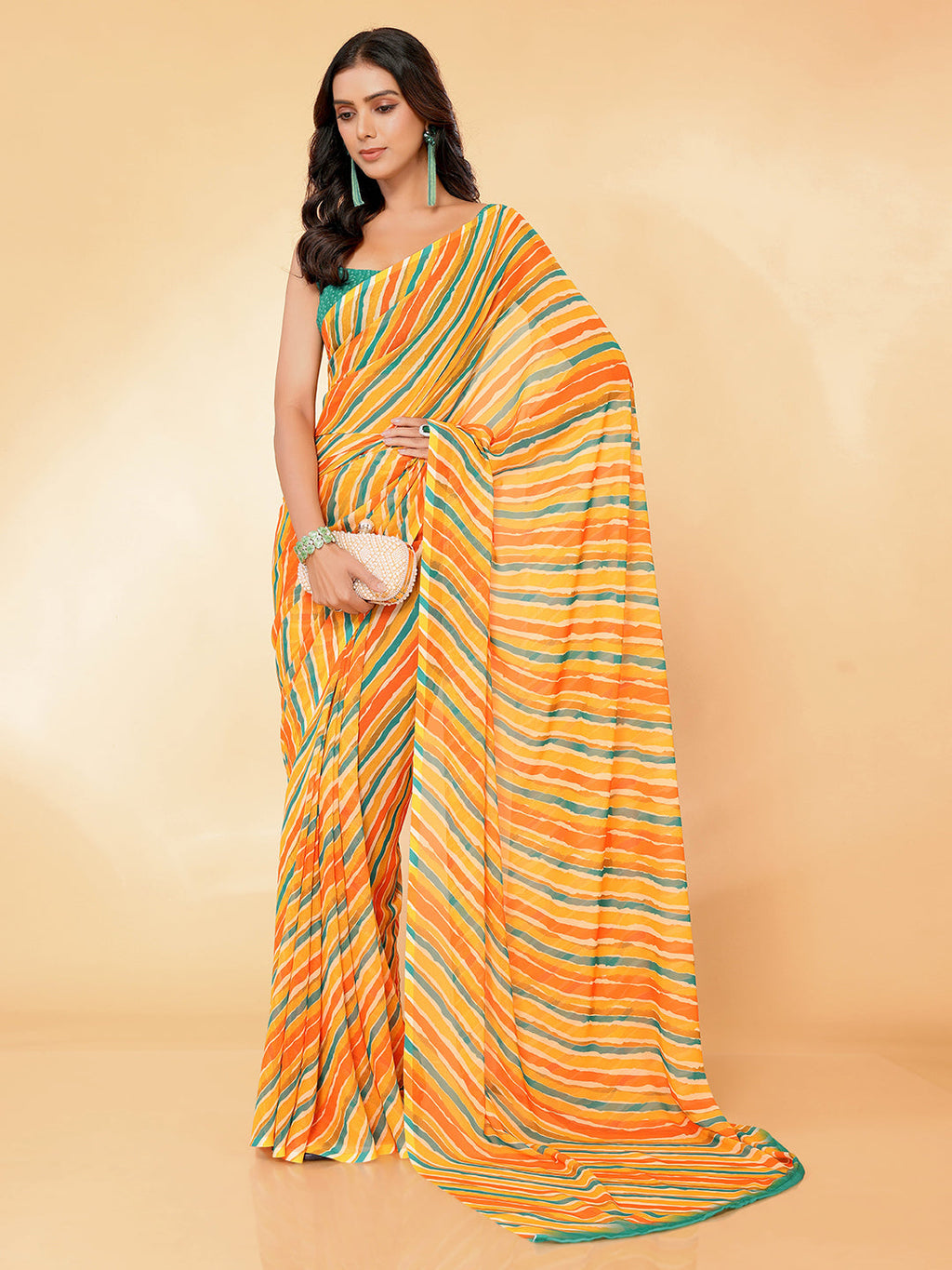 Janasya Orange Georgette Leheriya Printed Saree | Grocsy