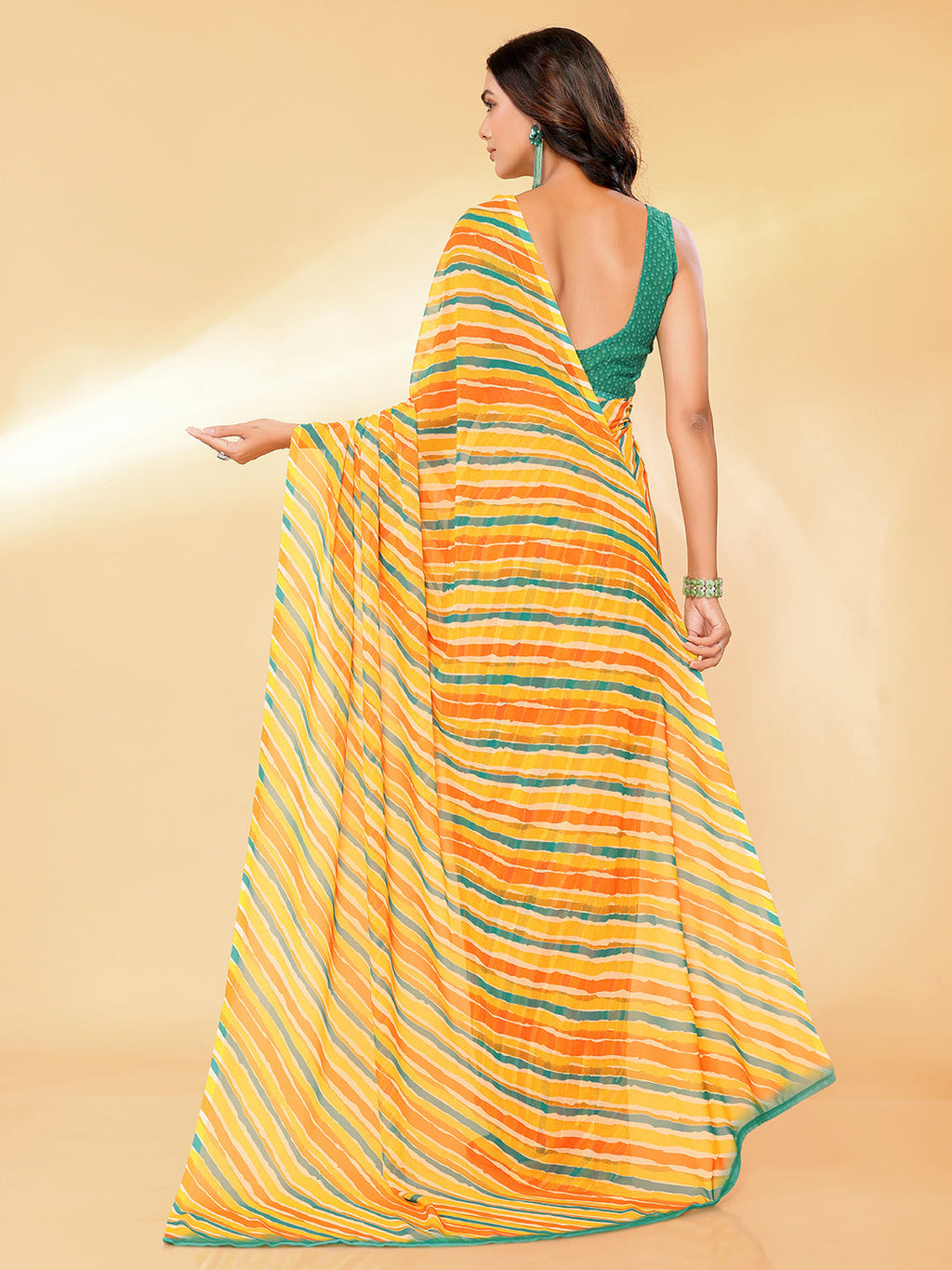 Janasya Orange Georgette Leheriya Printed Saree | Grocsy