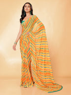 Janasya Orange Georgette Leheriya Printed Saree | Grocsy