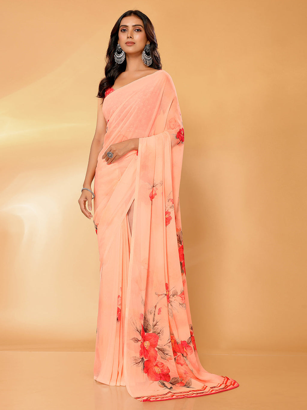 Janasya Peach Georgette Floral Printed Saree | Grocsy