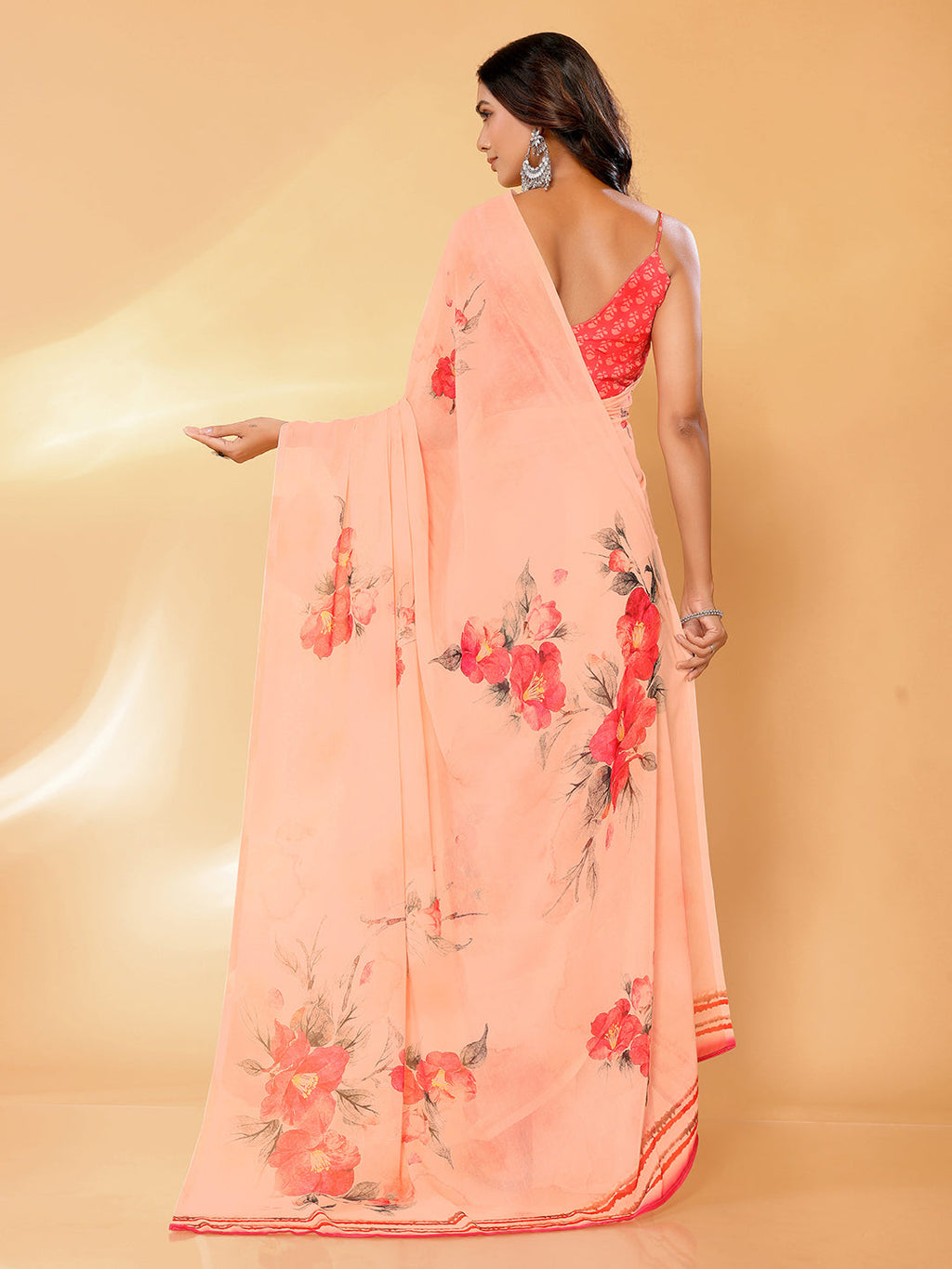 Janasya Peach Georgette Floral Printed Saree | Grocsy