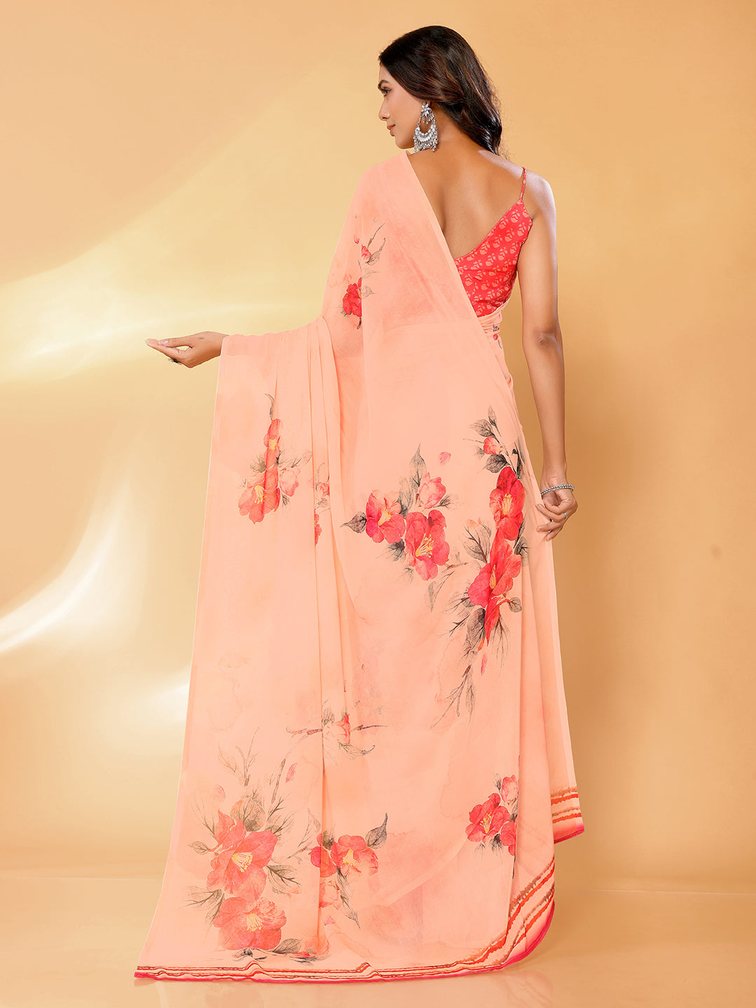 Janasya Peach Georgette Floral Printed Saree | Grocsy