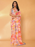 Janasya Peach Georgette Tropical Printed Saree | Grocsy