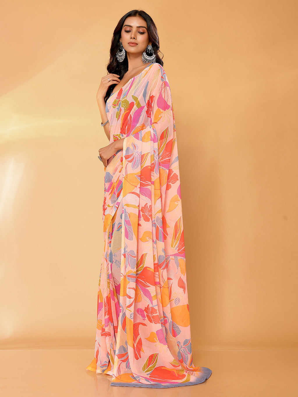 Janasya Peach Georgette Tropical Printed Saree | Grocsy