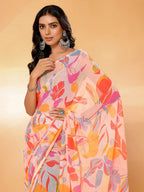 Janasya Peach Georgette Tropical Printed Saree | Grocsy