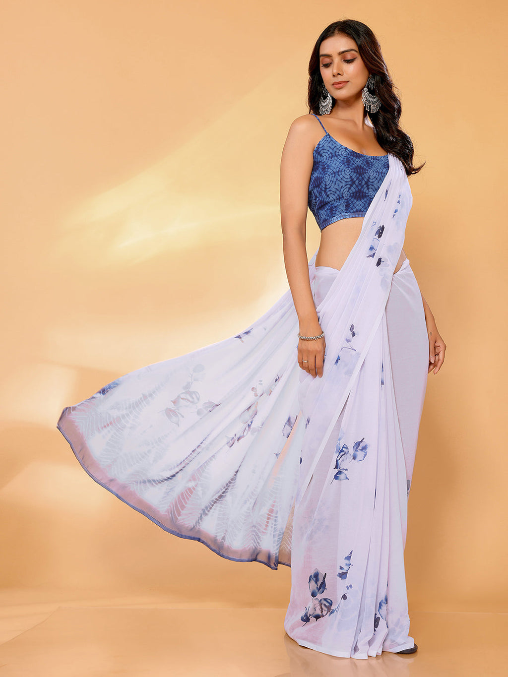 Janasya White Georgette Floral Printed Saree | Grocsy