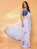Janasya White Georgette Floral Printed Saree | Grocsy