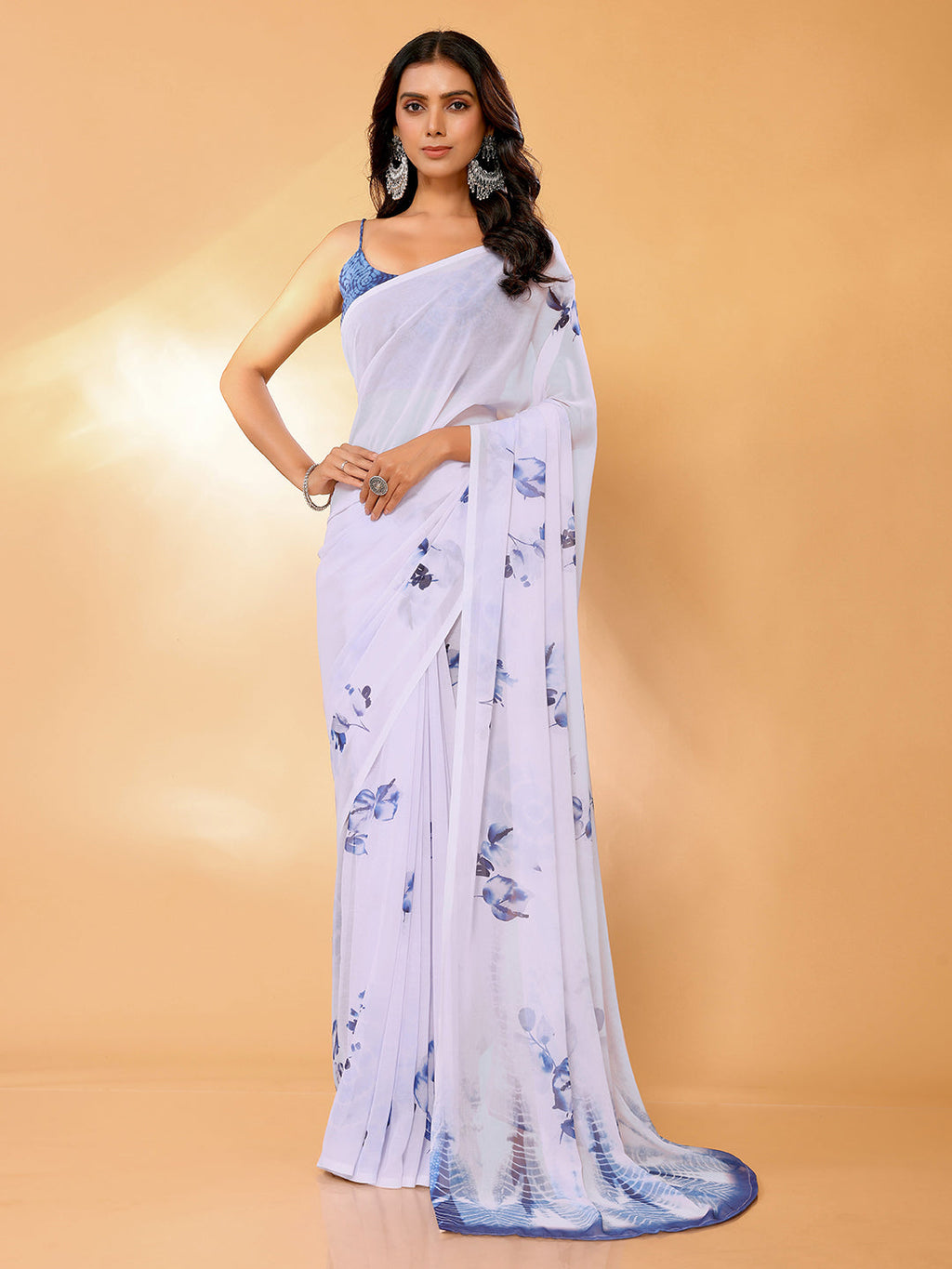Janasya White Georgette Floral Printed Saree | Grocsy