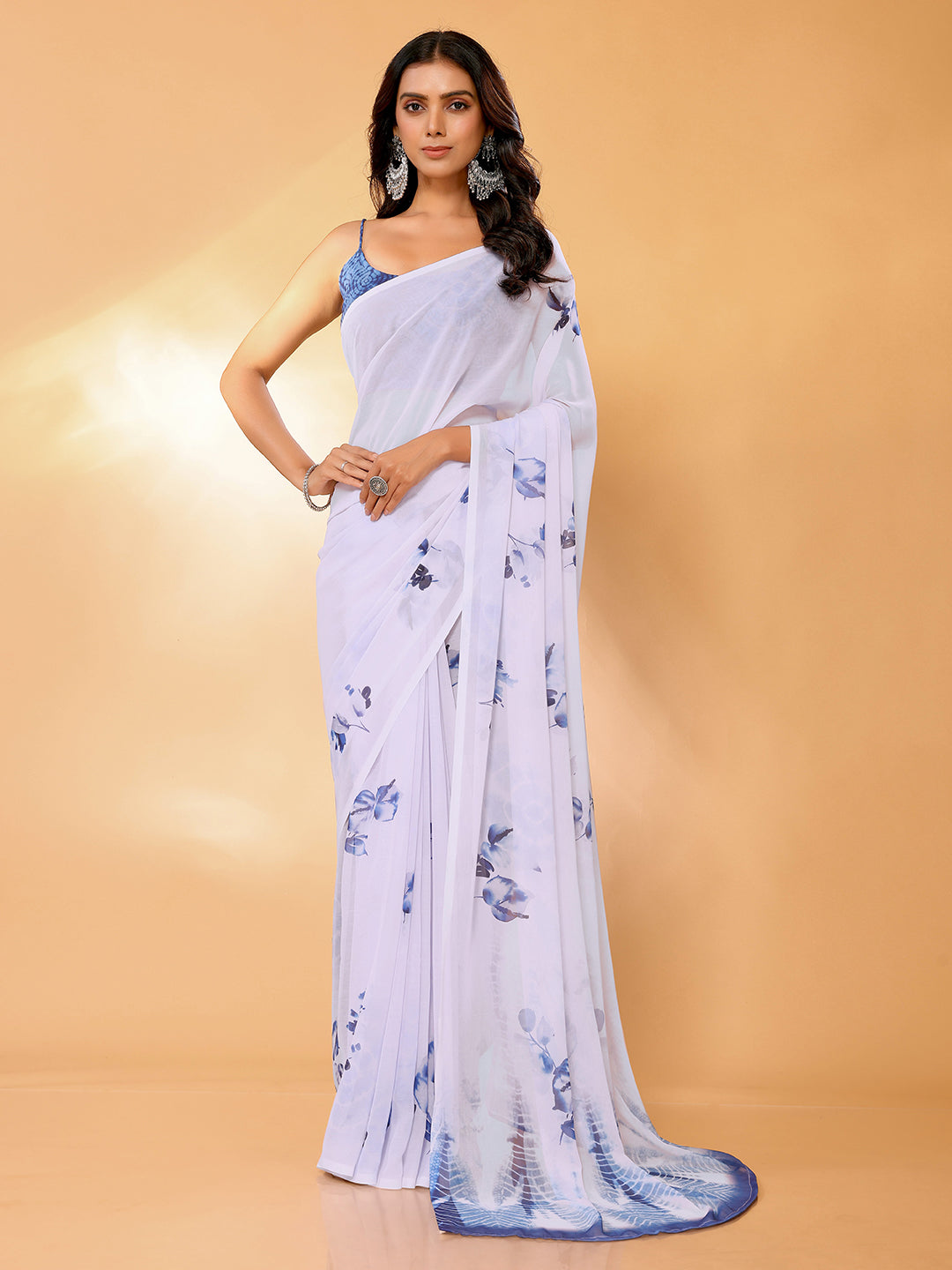 Janasya White Georgette Floral Printed Saree | Grocsy
