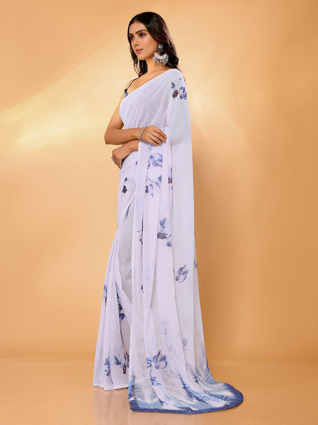 Janasya White Georgette Floral Printed Saree | Grocsy