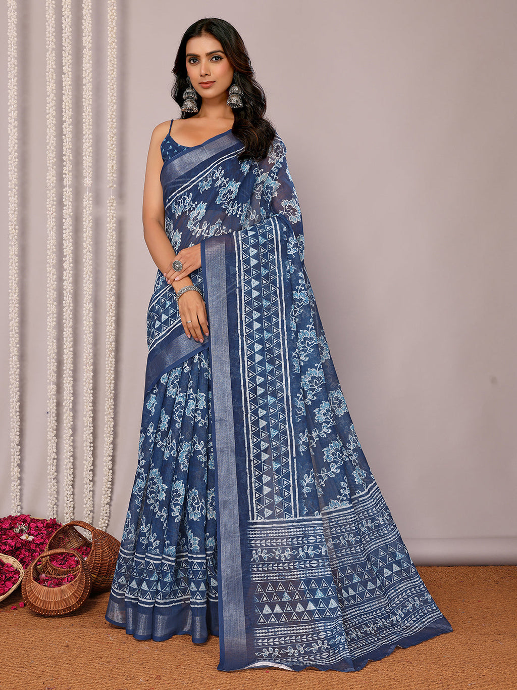 Janasya Navy Blue Cotton Linen Floral Printed Saree | Grocsy