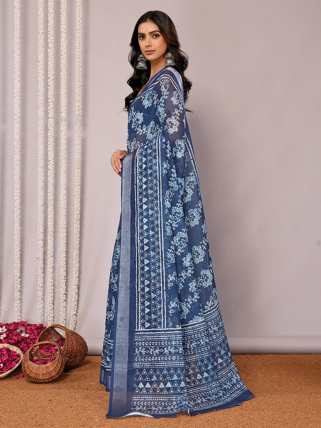 Janasya Navy Blue Cotton Linen Floral Printed Saree | Grocsy