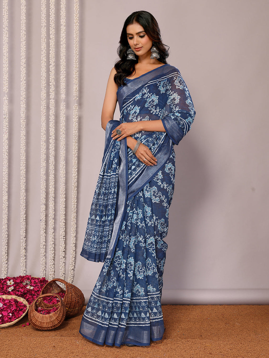 Janasya Navy Blue Cotton Linen Floral Printed Saree | Grocsy