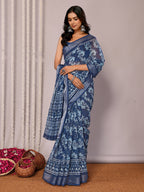 Janasya Navy Blue Cotton Linen Floral Printed Saree | Grocsy