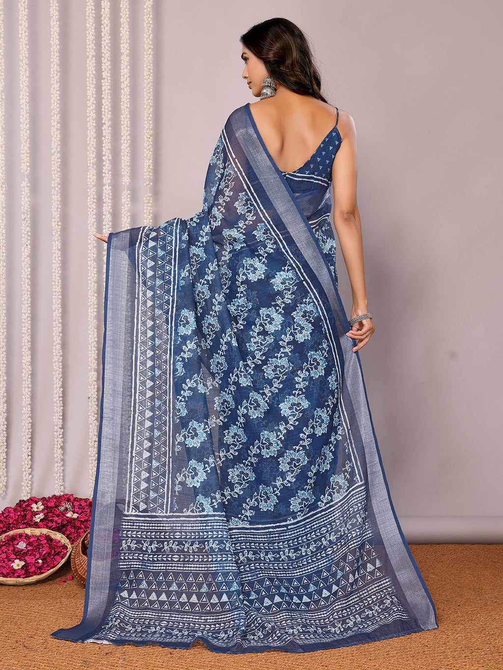 Janasya Navy Blue Cotton Linen Floral Printed Saree | Grocsy