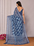 Janasya Navy Blue Cotton Linen Floral Printed Saree | Grocsy