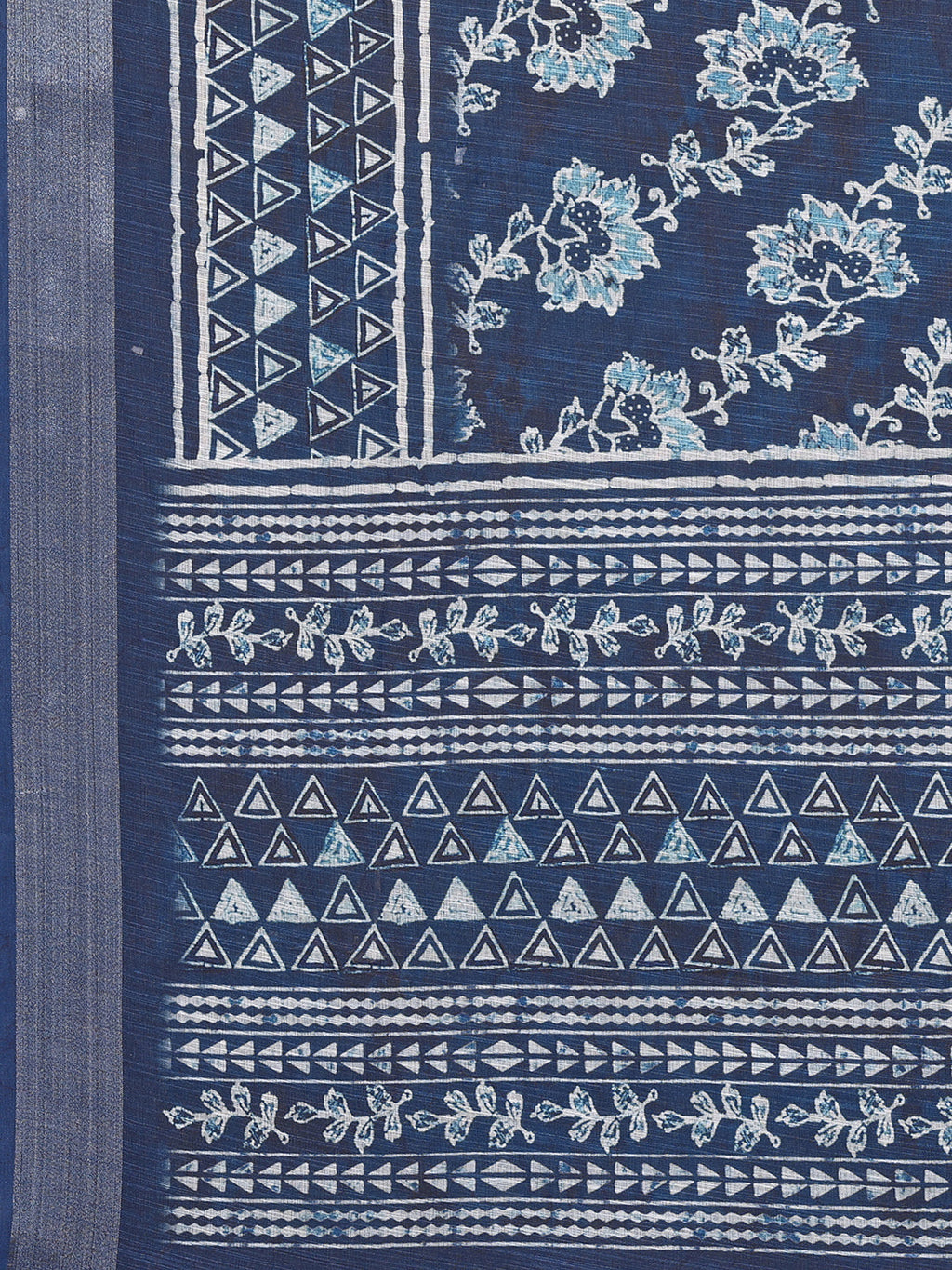 Janasya Navy Blue Cotton Linen Floral Printed Saree | Grocsy