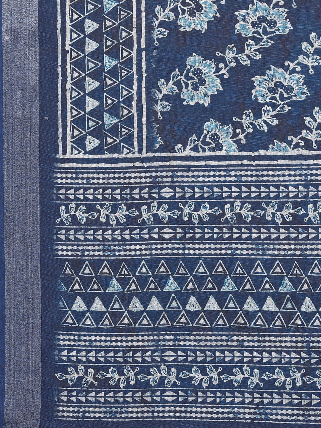Janasya Navy Blue Cotton Linen Floral Printed Saree | Grocsy