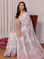 Janasya Lavender Cotton Linen Floral Printed Saree | Grocsy