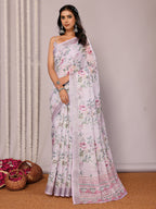 Janasya Lavender Cotton Linen Floral Printed Saree | Grocsy