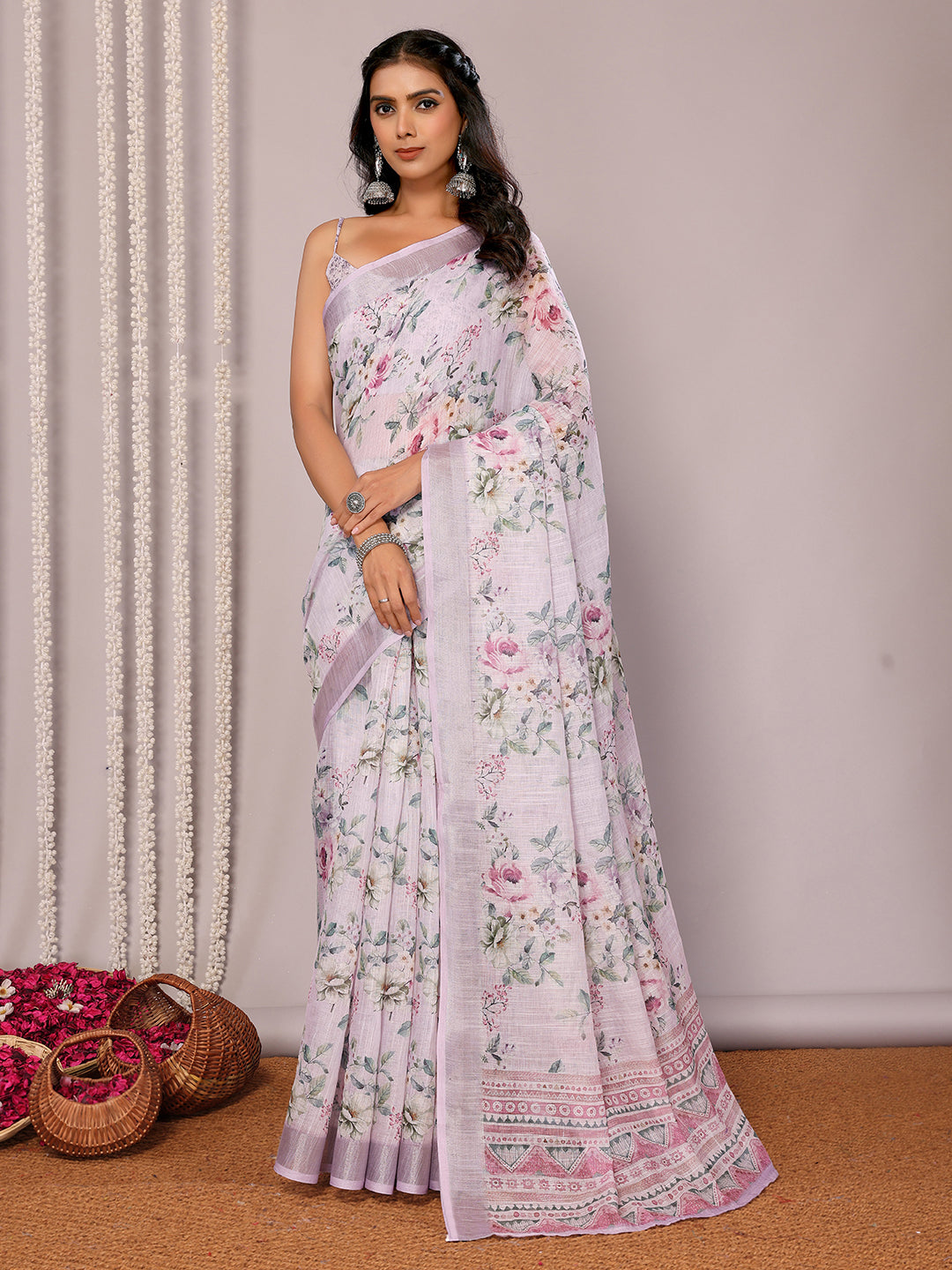 Janasya Lavender Cotton Linen Floral Printed Saree | Grocsy