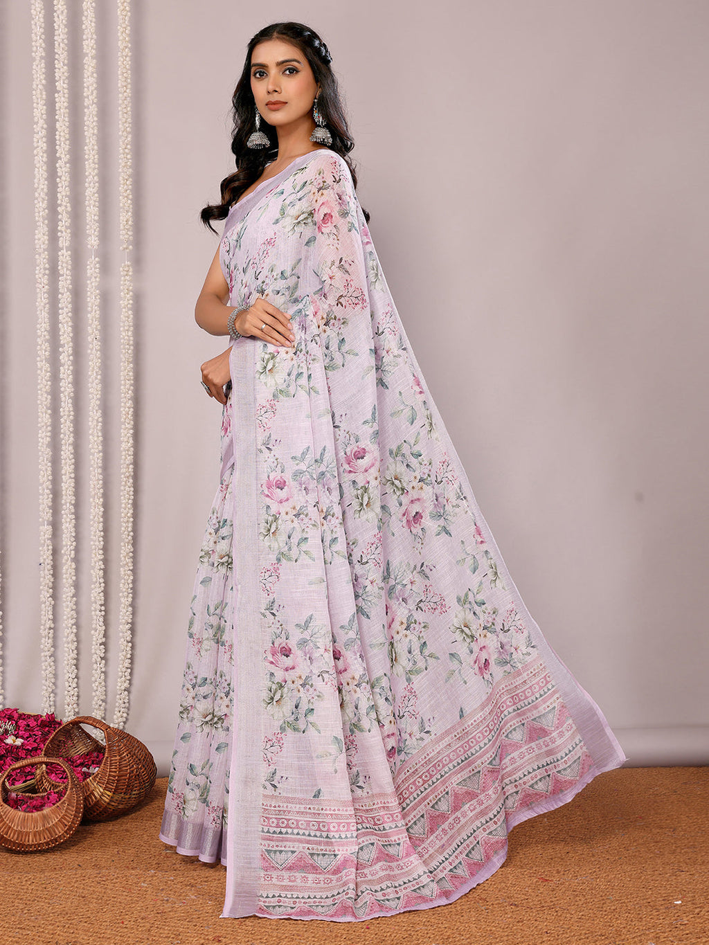 Janasya Lavender Cotton Linen Floral Printed Saree | Grocsy