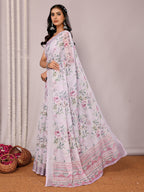 Janasya Lavender Cotton Linen Floral Printed Saree | Grocsy