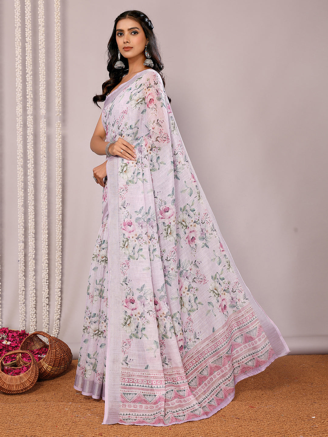 Janasya Lavender Cotton Linen Floral Printed Saree | Grocsy
