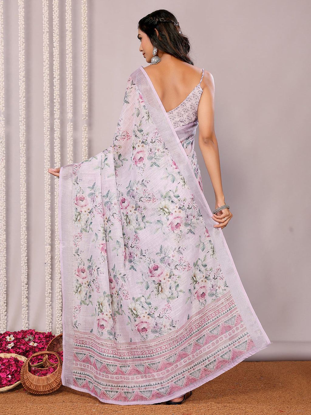 Janasya Lavender Cotton Linen Floral Printed Saree | Grocsy
