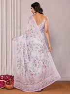 Janasya Lavender Cotton Linen Floral Printed Saree | Grocsy