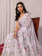 Janasya Lavender Cotton Linen Floral Printed Saree | Grocsy