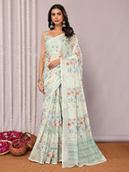 Janasya Light Green Cotton Linen Floral Printed Saree | Grocsy