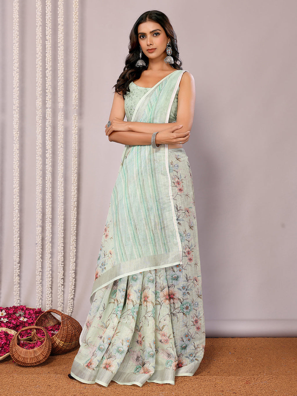 Janasya Light Green Cotton Linen Floral Printed Saree | Grocsy