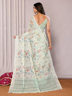 Janasya Light Green Cotton Linen Floral Printed Saree | Grocsy
