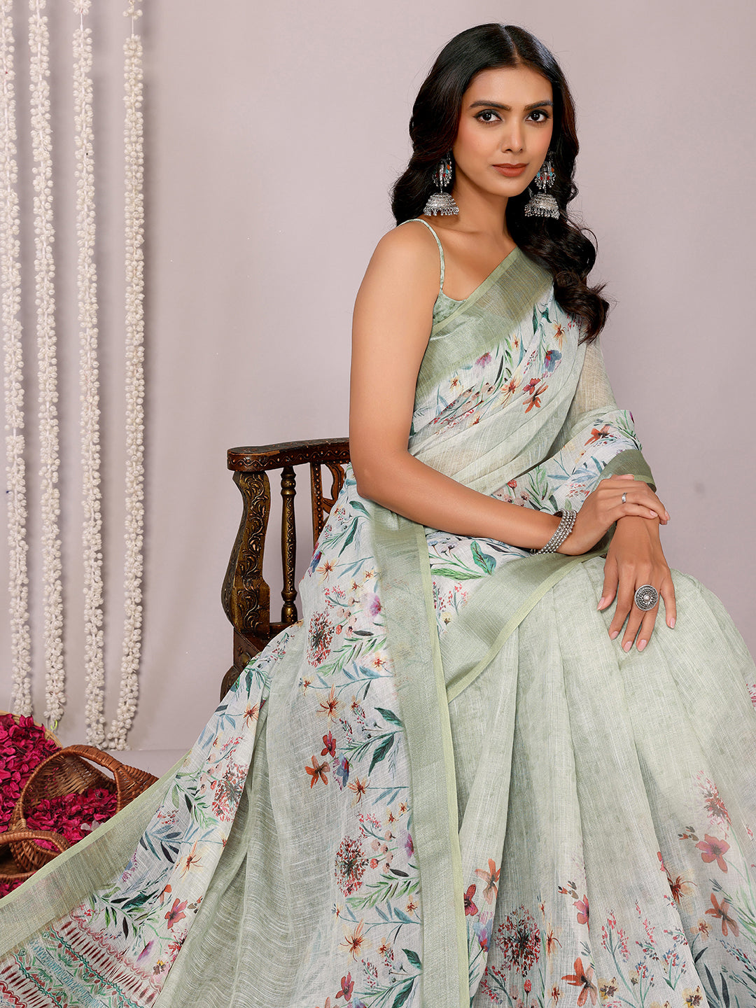 Janasya Light Green Cotton Linen Floral Printed Saree | Grocsy