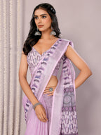 Janasya Lavender Cotton Linen Geometric Printed Saree | Grocsy