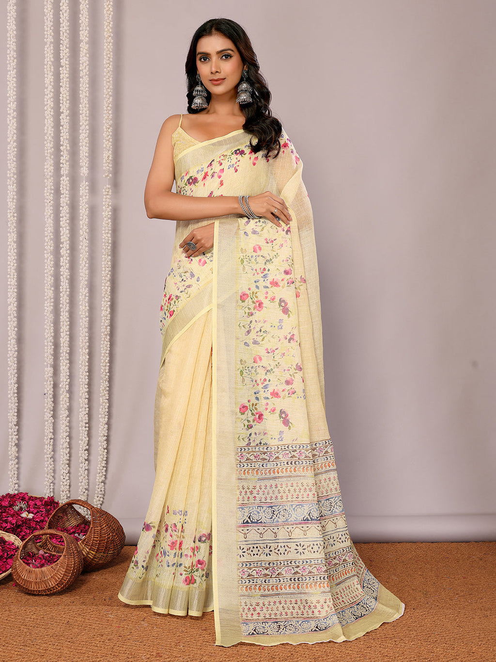 Janasya Light Yellow Cotton Linen Floral Printed Saree | Grocsy