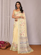 Janasya Light Yellow Cotton Linen Floral Printed Saree | Grocsy