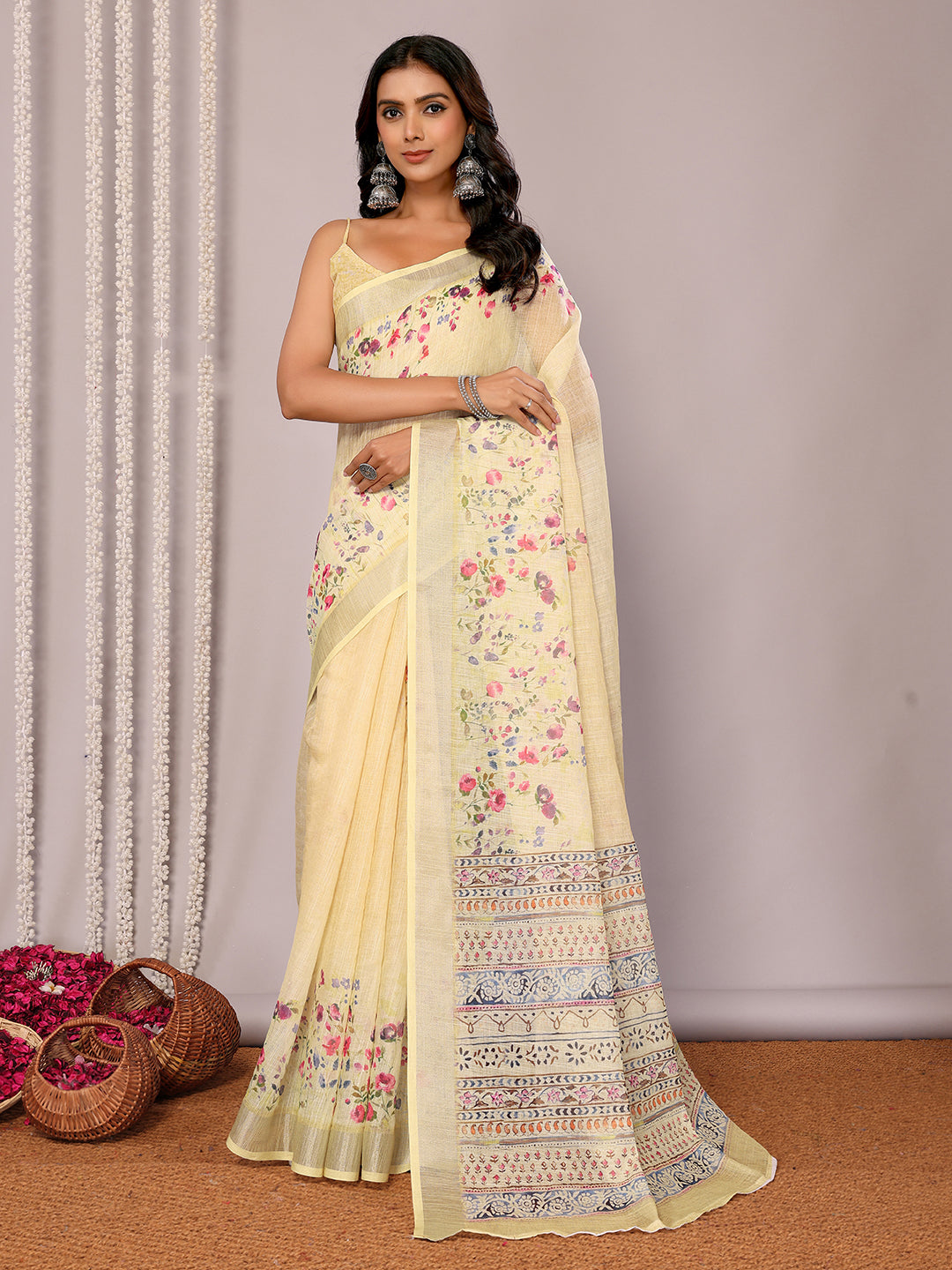 Janasya Light Yellow Cotton Linen Floral Printed Saree | Grocsy