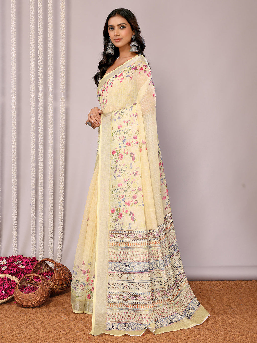 Janasya Light Yellow Cotton Linen Floral Printed Saree | Grocsy