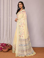 Janasya Light Yellow Cotton Linen Floral Printed Saree | Grocsy