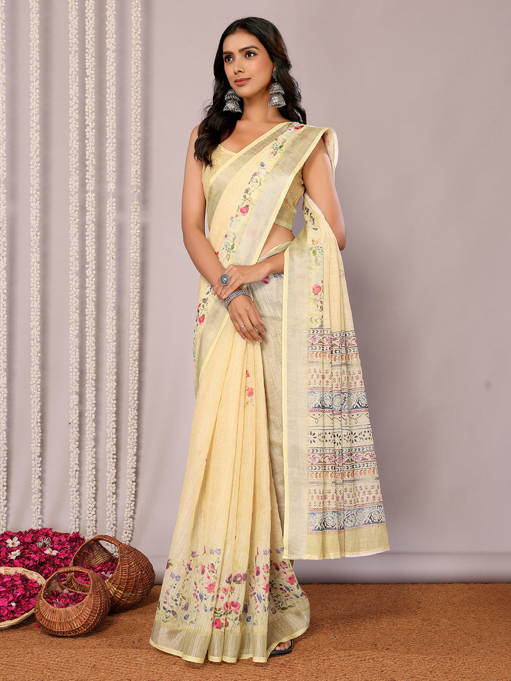 Janasya Light Yellow Cotton Linen Floral Printed Saree | Grocsy
