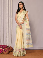Janasya Light Yellow Cotton Linen Floral Printed Saree | Grocsy