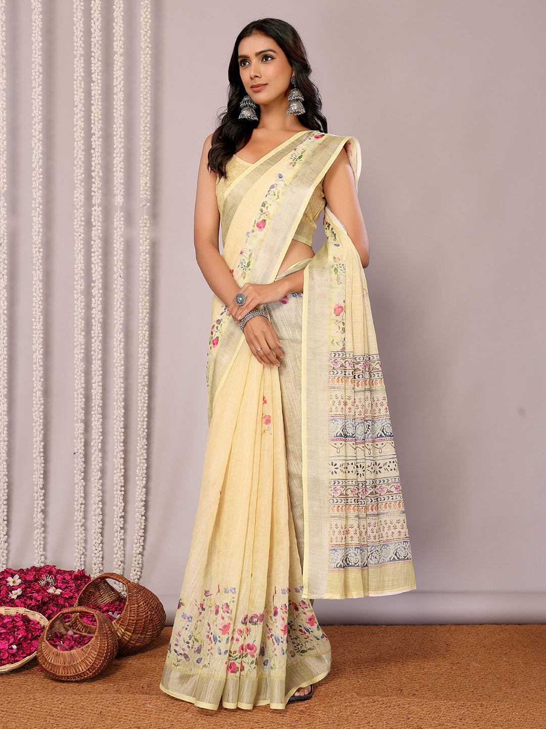 Janasya Light Yellow Cotton Linen Floral Printed Saree | Grocsy