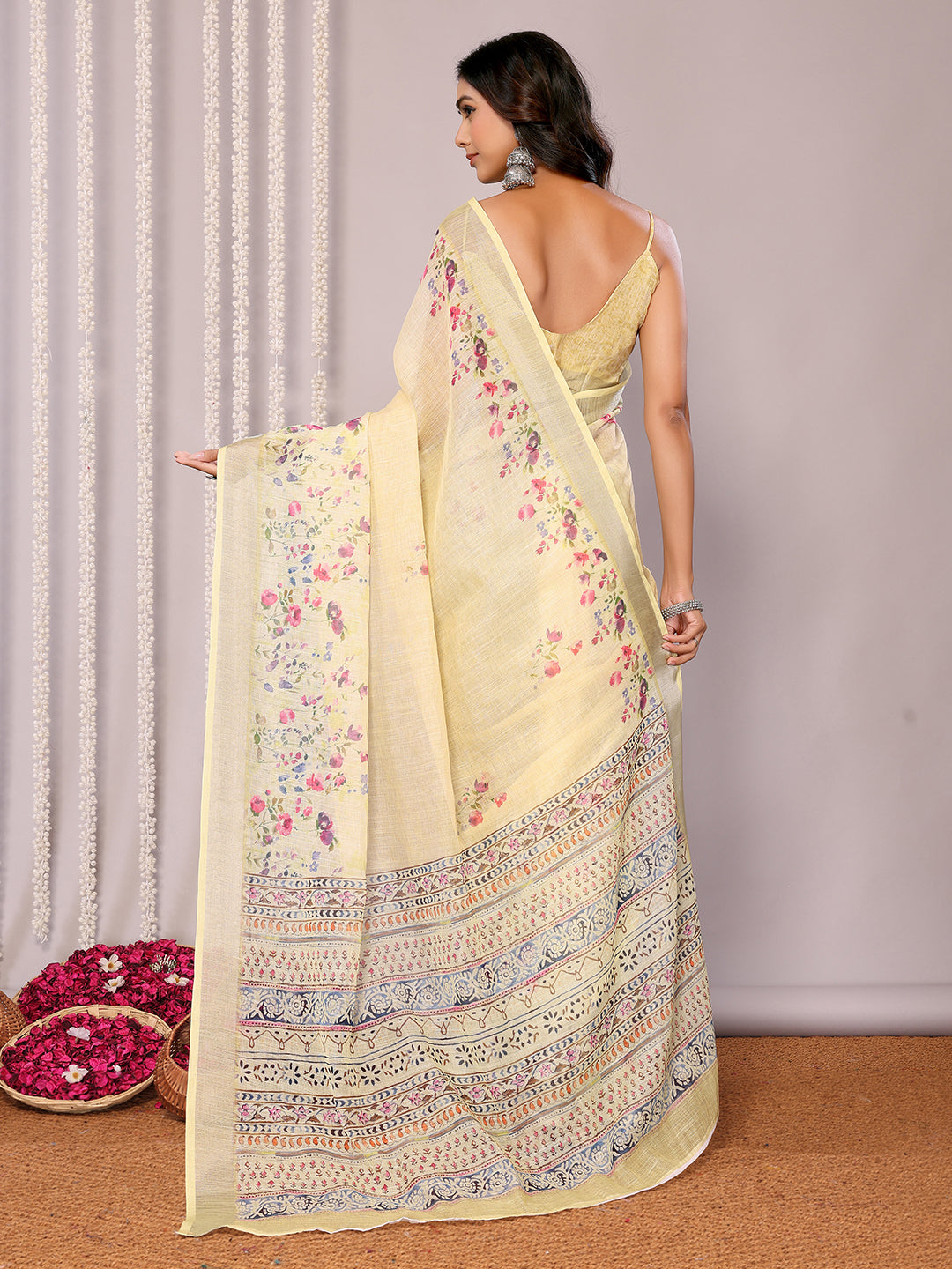 Janasya Light Yellow Cotton Linen Floral Printed Saree | Grocsy